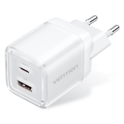 <tc>Vention</tc> Cargador GaN de 2 puertos USB (C + A) (70 W/22,5 W) Enchufe europeo Gris transparente