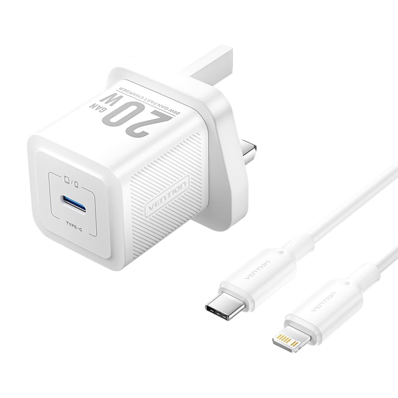 Chargeur GaN USB-C à 1 port (20 W) avec câble USB-C vers Lightning (1 M) Prise UK