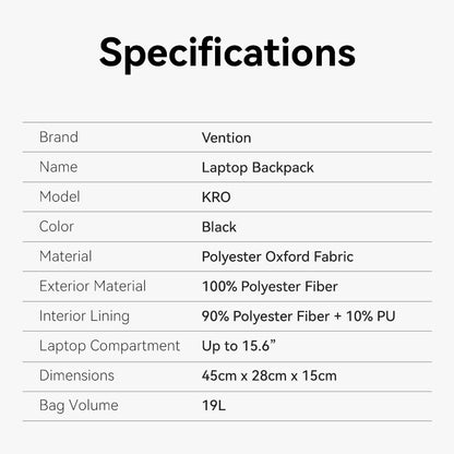 Vention Laptop Backpack (45cm x 28cm x 15cm) Black