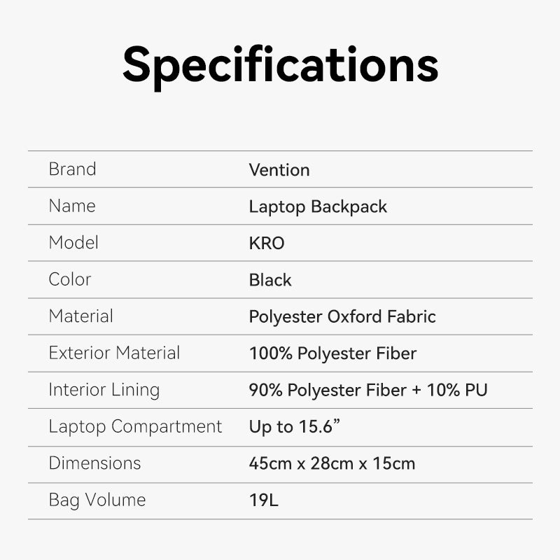 Vention Laptop Backpack (45cm x 28cm x 15cm) Black