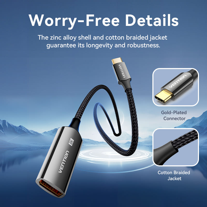 Cotton Braided USB-C to DP 8K Converter 0.25M Black Zinc Alloy Type