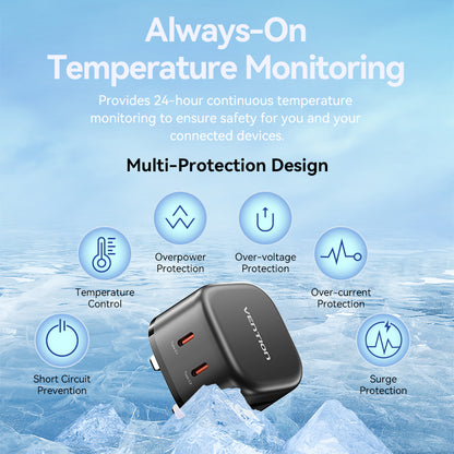 <tc>Vention</tc> Chargeur USB 2 ports (C + C) GaN (45 W/45 W) prise britannique noir