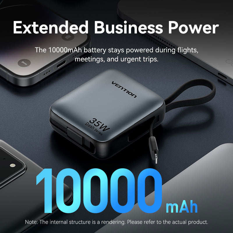 Vention 10000mAh Mini Power Bank (USB-C + USB-C/Lightning) with Built-in USB-C and Lightning Cables 35W Gray