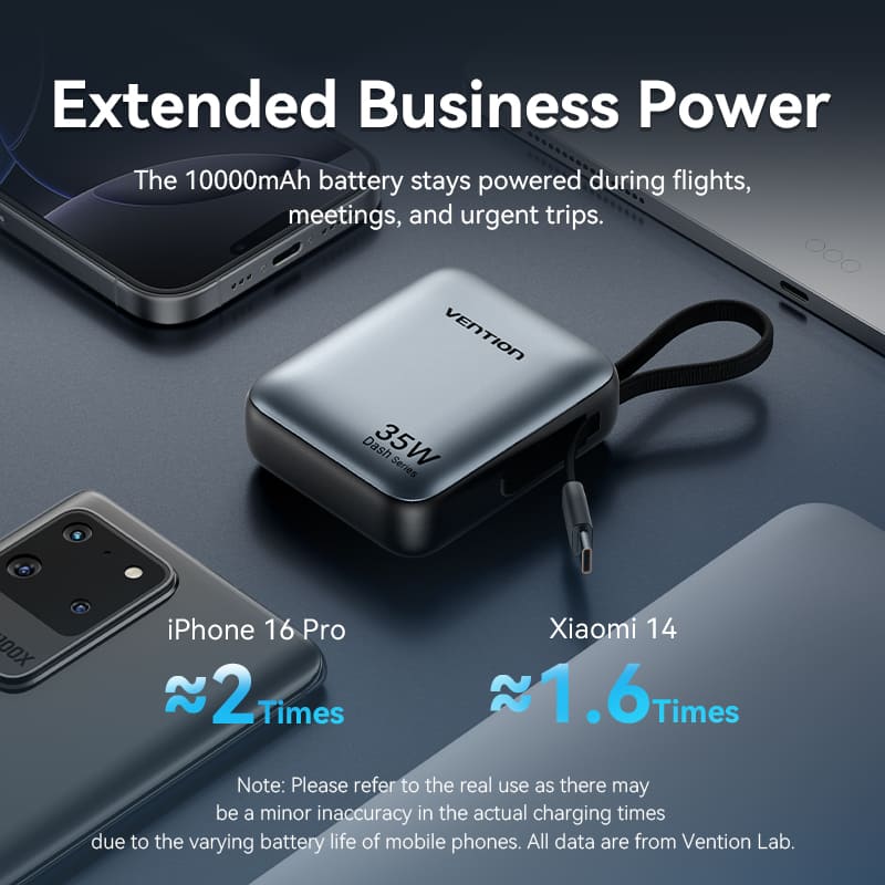 10000mAh Mini Power Bank (USB-C + USB-C) with Built-in USB-C Cable 35W Gray