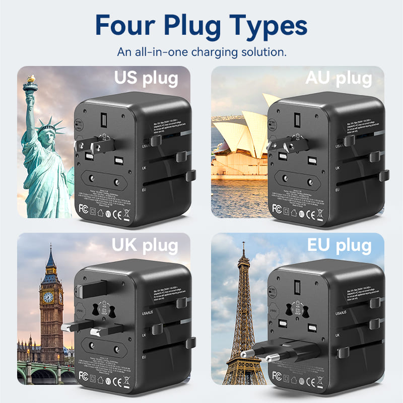 3-Port USB (C + A + A) Universal Travel Adapter (20W/18W/18W) Black