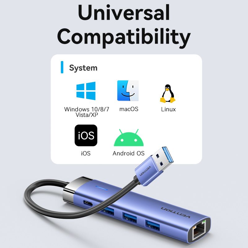 USB 3.0 to USB 3.0 x 3/RJ45/USB-C Hub 0.15M Blue Aluminum Alloy Type