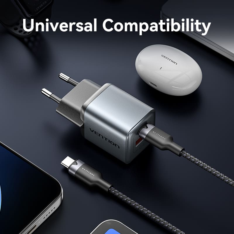 Vention 2-Port USB (C + A) GaN Charger (30W/18W) Gray with USB-C to USB-C Cable (1M) Black EU-Plug