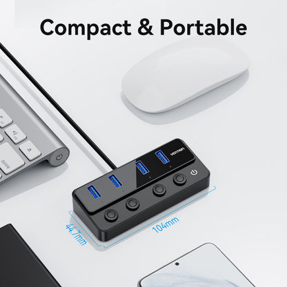 USB 3.0 to USB 3.0 x4+USB C Hub With Individual Power Switches 1M Black