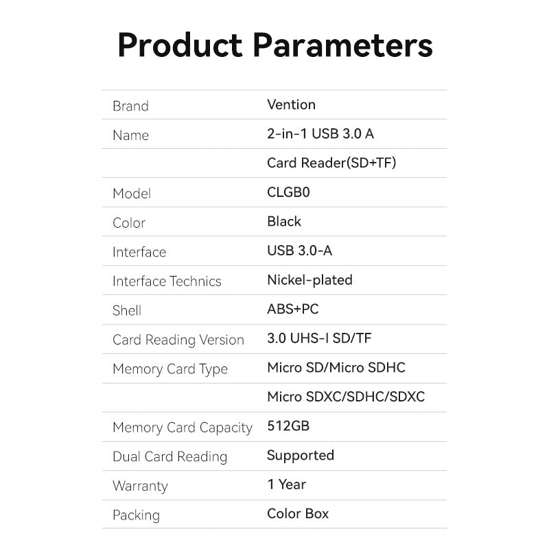 Vention 2-in-1 USB 3.0 A Card Reader(SD+TF) Black Dual Drive Letter