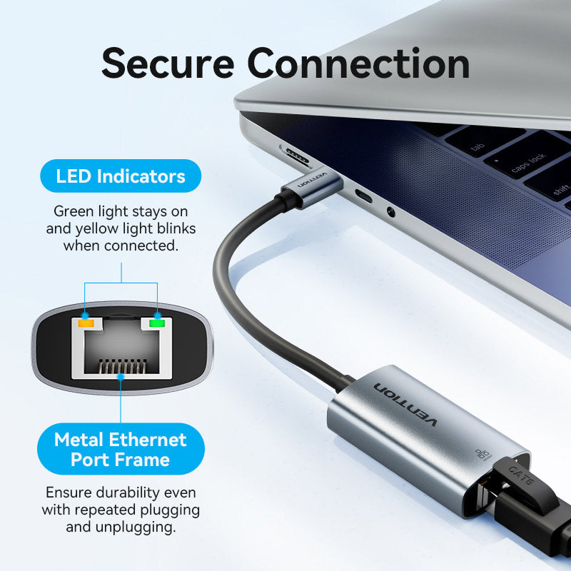 Vention USB-C ke Gigabit Ethernet Adapter Jenis Paduan Aluminium Abu-abu