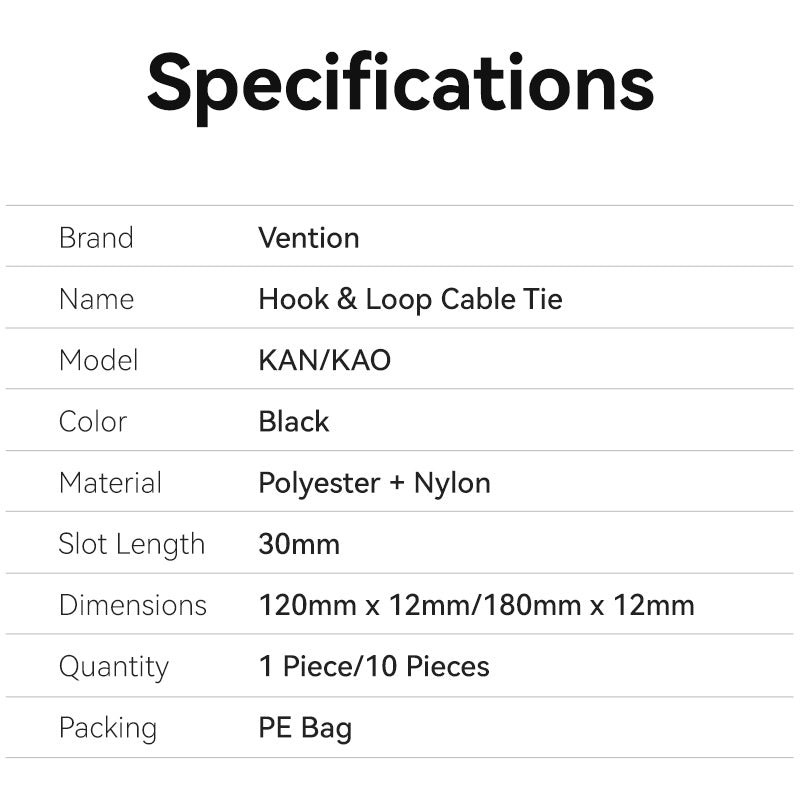 Hook & Loop Cable Tie 120mm x 12mm 1 pcs/10pcs Black
