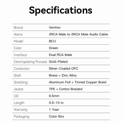 Vention Cotton Braided 2RCA Male to 2RCA Male Audio Cable 0.5/1/1.5/2/3/5/8/10M Green Copper Type