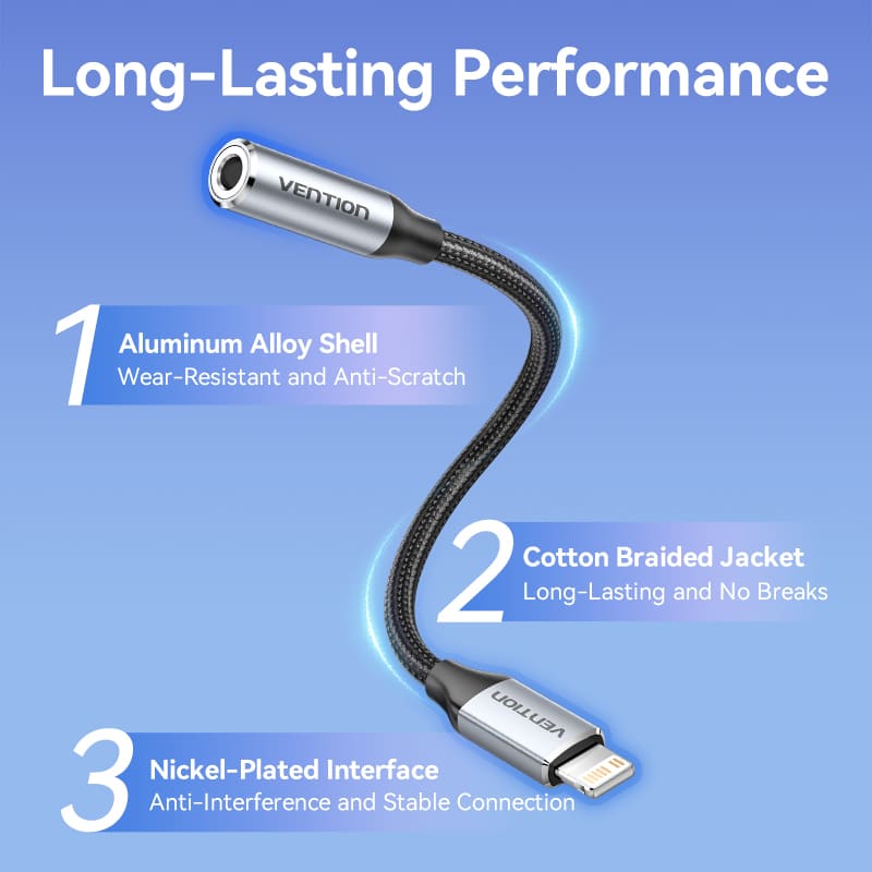 Cotton Braided Lightning Male to 3.5MM Earphone Jack Adapter 0.1M Gray Aluminum Alloy Type