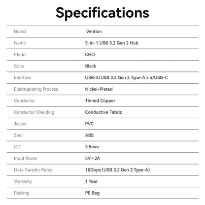 USB to USB 3.2 Gen 2 Type-A x 4/USB-C 10G Hub 0.15M Black