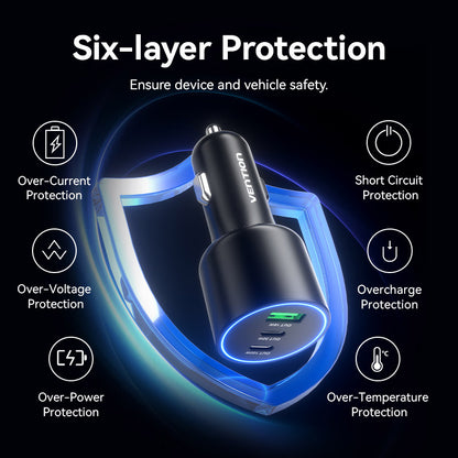 <tc>Vention</tc> Chargeur de voiture à trois ports USB C+C+A (100 W + 30 W + 18 W) en ABS noir