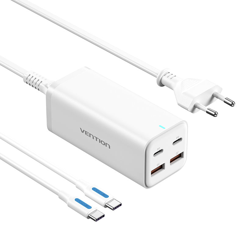 Зарядное устройство GaN с 4 портами USB (C + C + A + A) (100 Вт/100 Вт/18 Вт/18 Вт) Вилка ЕС/США/Великобритании, белый