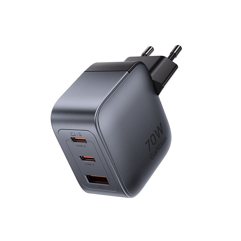 3-Port USB (C+C+A) GaN Charger (70W/70W/22.5W) EU-Plug Gray