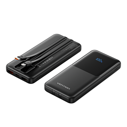 Vention 10000mAh Power Bank with Built-in USB-C and Lightning Cables 22.5W Black LED Display Universal Type