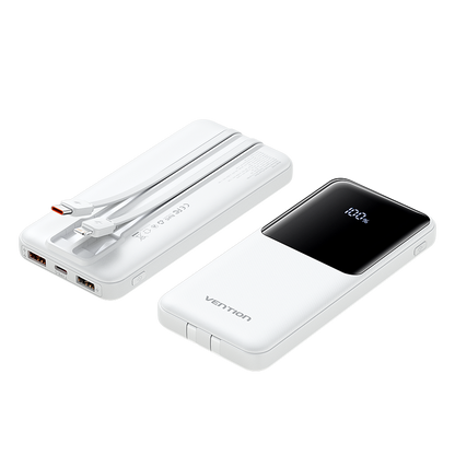Vention 10000mAh Power Bank with Built-in USB-C and Lightning Cables 22.5W Black LED Display Universal Type