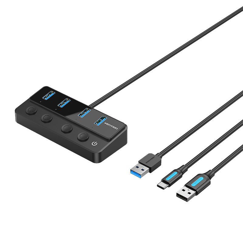 USB 3.0 auf USB 3.0 x4+USB-C-Hub mit individuellen Netzschaltern, 1 m, Schwarz