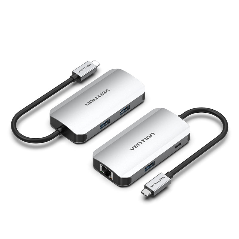 USB-C-zu-USB3.0x3/RJ45/PD-Hub, 0,15 m, graue Aluminiumlegierung