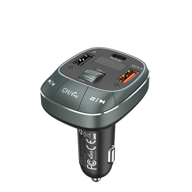 3-Port USB (C + A + A) Car Charger with FM Transmitter (30W/18W/5W) Black ABS Type
