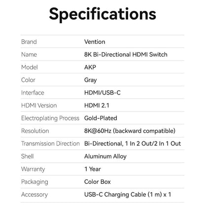 Vention 2-Port Bi-Directional 8K HDMI Switcher Gray Aluminium Alloy Type