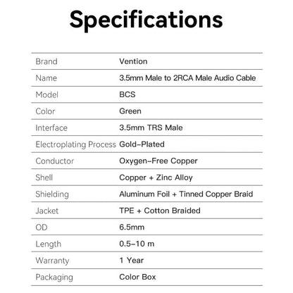 Vention Cotton Braided 3.5mm Male to 2RCA Male Audio Cable 0.5/1/1.5/2/3/5/8/10M Green Copper Type