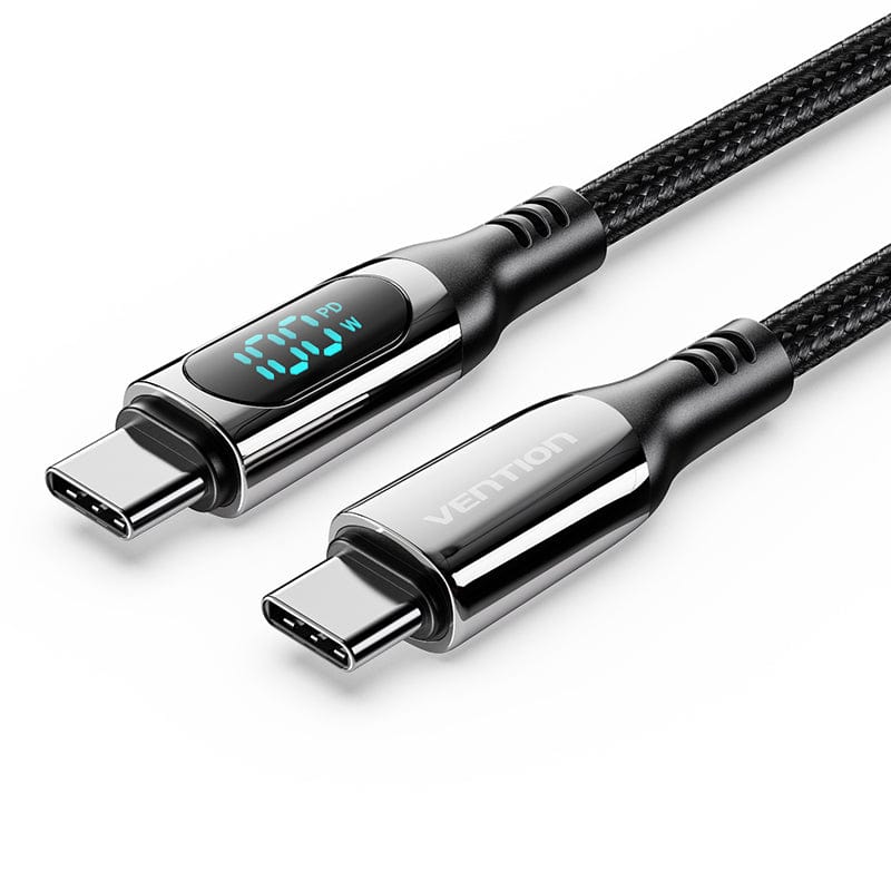 VENTION Cotton Braided USB 2.0 C Male to C Male 5A Cable With LED Display Black Zinc Alloy Type