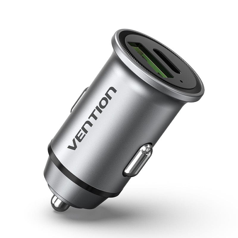 VENTION Two-Port USB A+C(18/20) Car Charger Gray Mini Style Aluminium Alloy Type