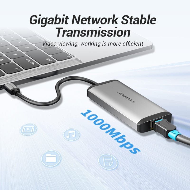 Vention Type-C to USB 3.0*3/Gigabit Ethernet/PD Hub 0.15M Gray Metal Type