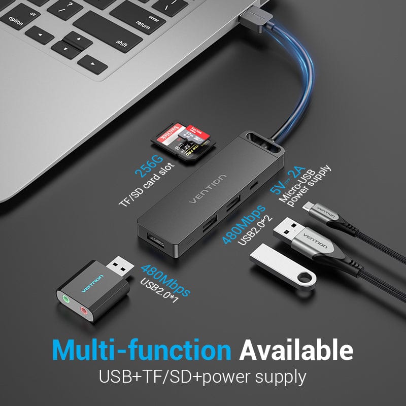 Vention USB 2.0 to USB 2.0*3/TF/SD/Micro-B HUB 0.15M Black ABS Type