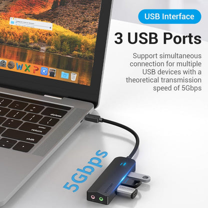 Vention USB-C to USB 3.0*3/Micro-B HUB With External Stereo Sound Adapter 0.15M Black ABS Type