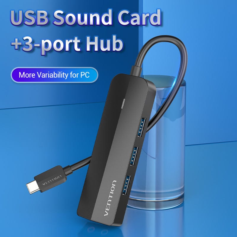 Vention USB-C to USB 3.0*3/Micro-B HUB With External Stereo Sound Adapter 0.15M Black ABS Type