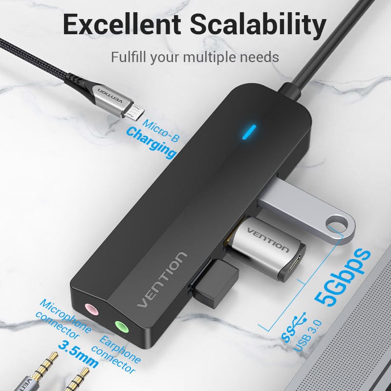 Vention USB-C to USB 3.0*3/Micro-B HUB With External Stereo Sound Adapter 0.15M Black ABS Type