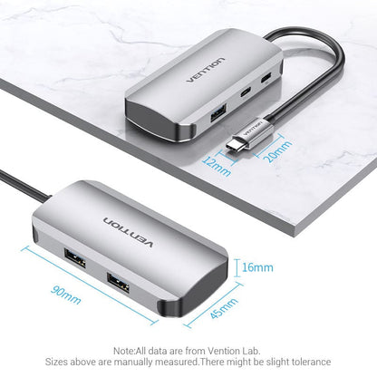 Vention USB-C to USB-C Gen 1/USB3.0x3/PD Hub 0.15M Gray Aluminum Alloy Type