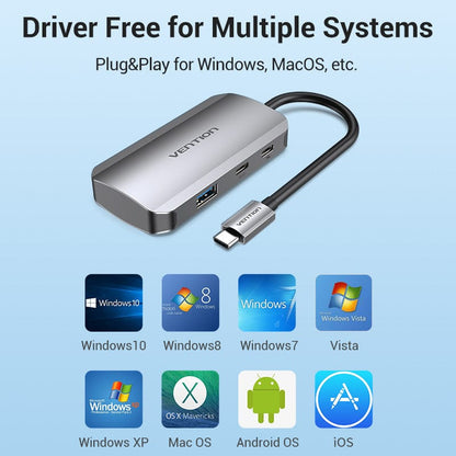 Vention USB-C to USB-C Gen 1/USB3.0x3/PD Hub 0.15M Gray Aluminum Alloy Type