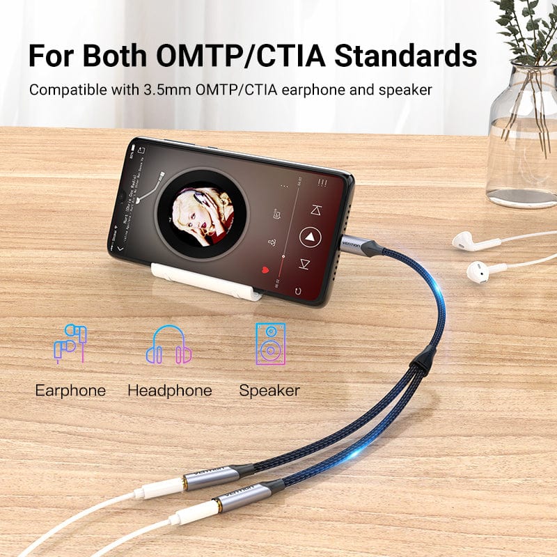 VENTION 速卖通 0.3m Type C to Dual 3.5 Jack USB C to 3.5mm Aux Double Earphones Audio Adapter for USB-C Tablet Phone Laptop Jack 3 5 Cable