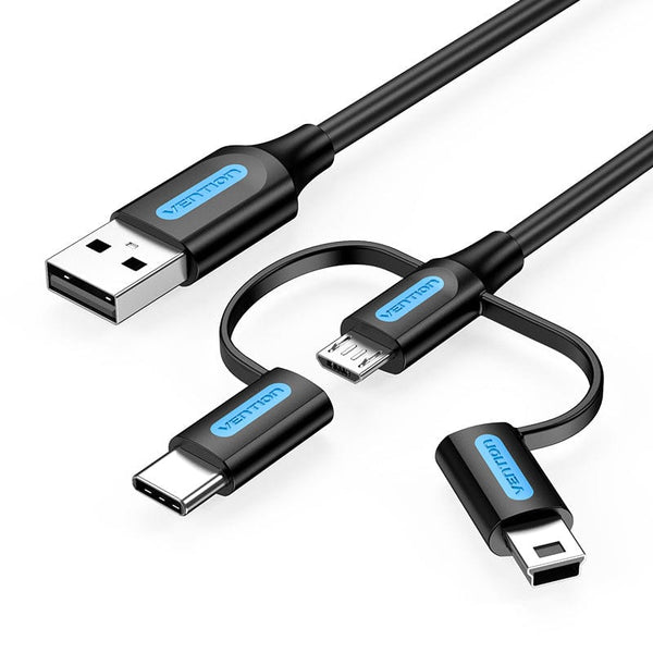 USB 2.0 A Male to 3-in-1 Micro-B&USB-C&Mini-B Male 3A Cable 0.5/1M Bla