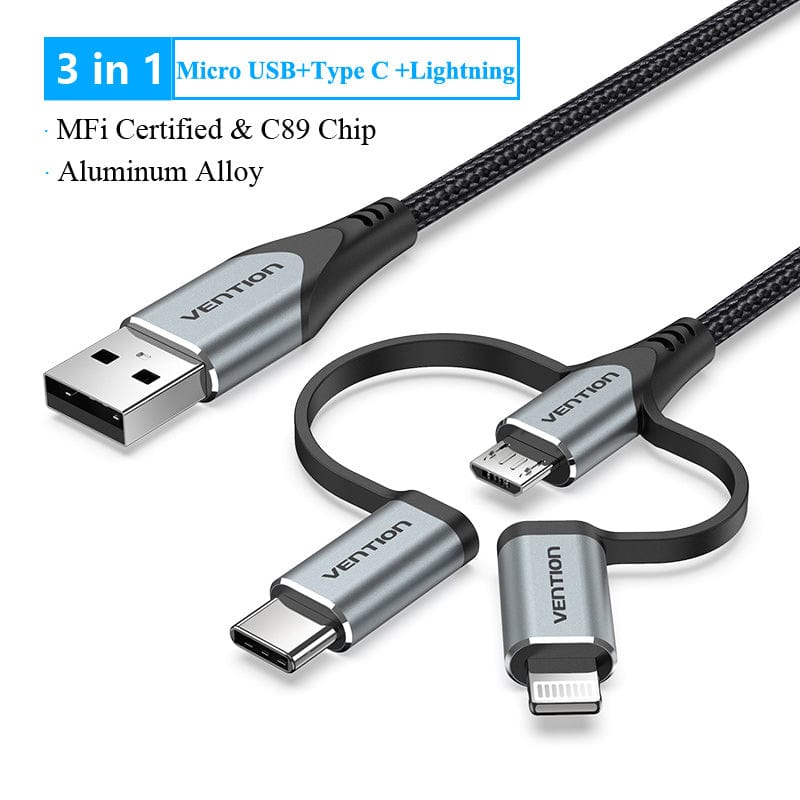 VENTION 速卖通 3 in 1 Grey / 0.5m MFi USB Cable for iPhone 12 11 Mini Fast Charging USB Type C Data Cable for Samsung Xiaomi Micro USB Mobile Phone Cable