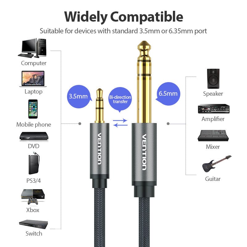 VENTION 速卖通 6.5 to 3.5 Jack Aux Cable Adapter for Speaker Guitar Amplifier TRS Audio Cable Jack 3.5mm to 6.5mm Audio Cable Auxiliar