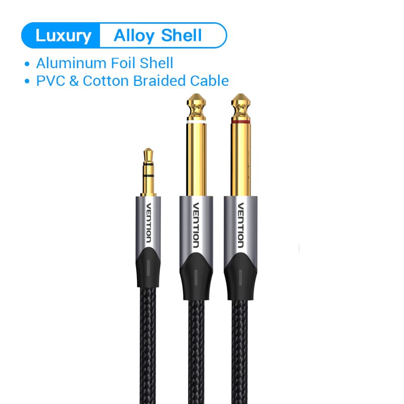 VENTION 速卖通 Braid Cable / 1.5m 3.5mm to Double 6.5mm TRS Cable AUX Male Mono 6.5 Jack to Stereo 3.5 Jack Audio Cable for Mixer Amplifier 6.35 Adapter