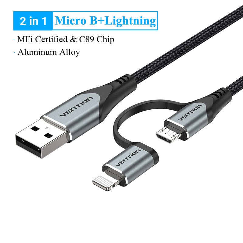 VENTION 速卖通 MFi USB Cable for iPhone 12 Pro Max XR 11 2 in 1 Fast Charger Lightning USB Cord for Samsung Xiaomi Micro USB Data Cable