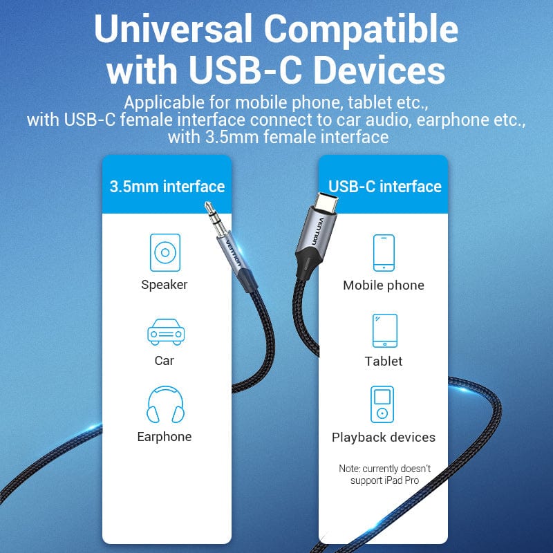 VENTION 速卖通 USB C to 3.5mm Type C to Aux Headphone 3.5 Jack Adapter Audio Cable for Huawei P40 nova7 Xiaomi Mi 6 9 10 Pro Oneplus 7