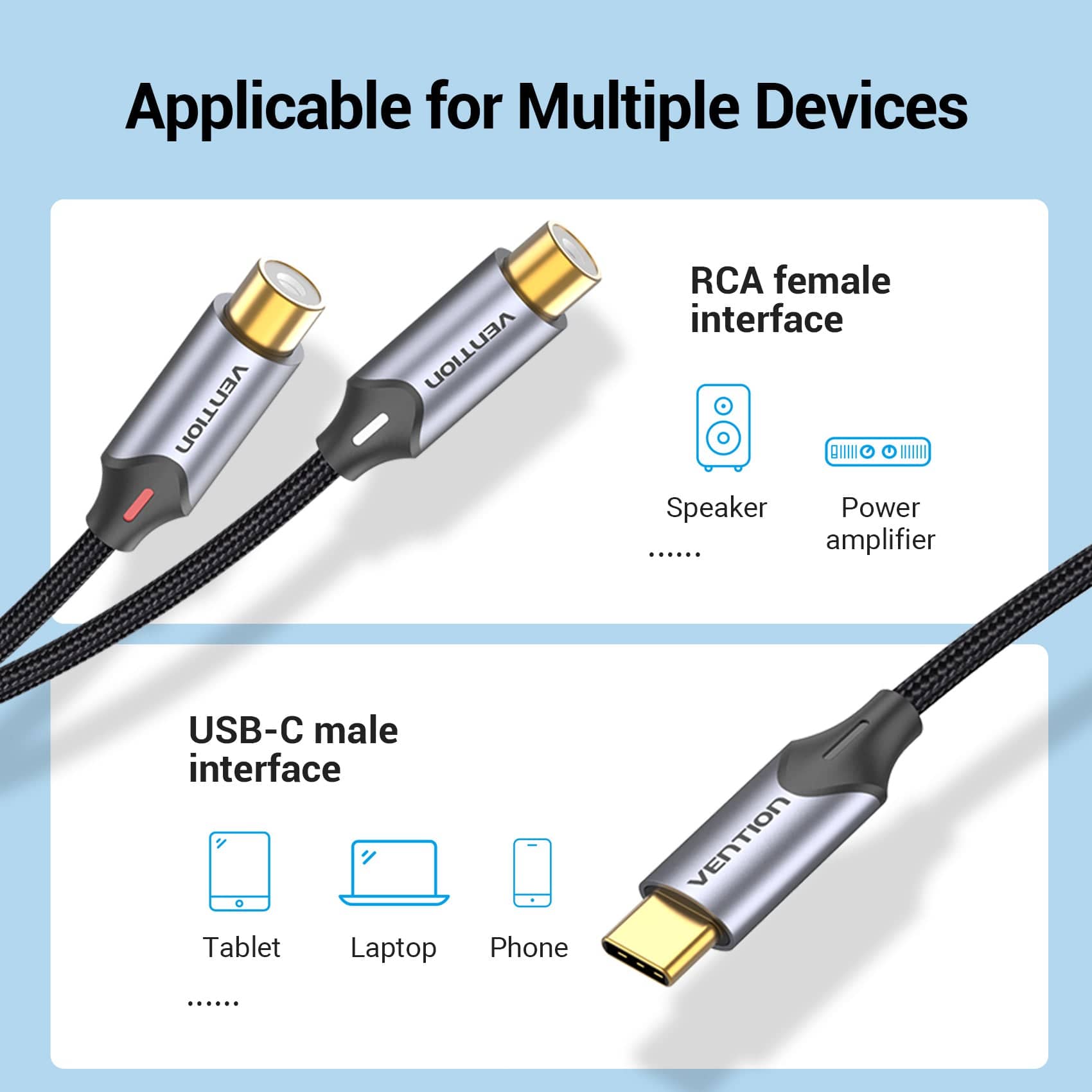 VENTION 速卖通 USB C to RCA Audio Cable Type C Male to 2 RCA Female for Huawei Xiaomi Laptop Speaker Amplifier USB-C RCA Y Splitter