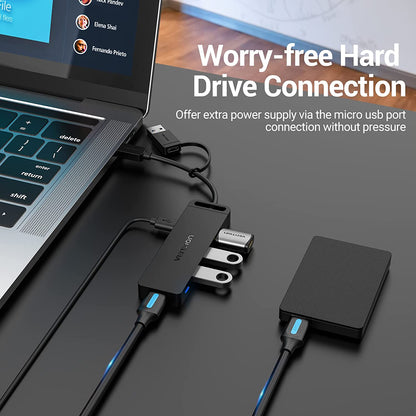 VENTION 0.15m USB3.0 & Type-C 2-in-1 Interface to 4-Port USB 3.0 Hub