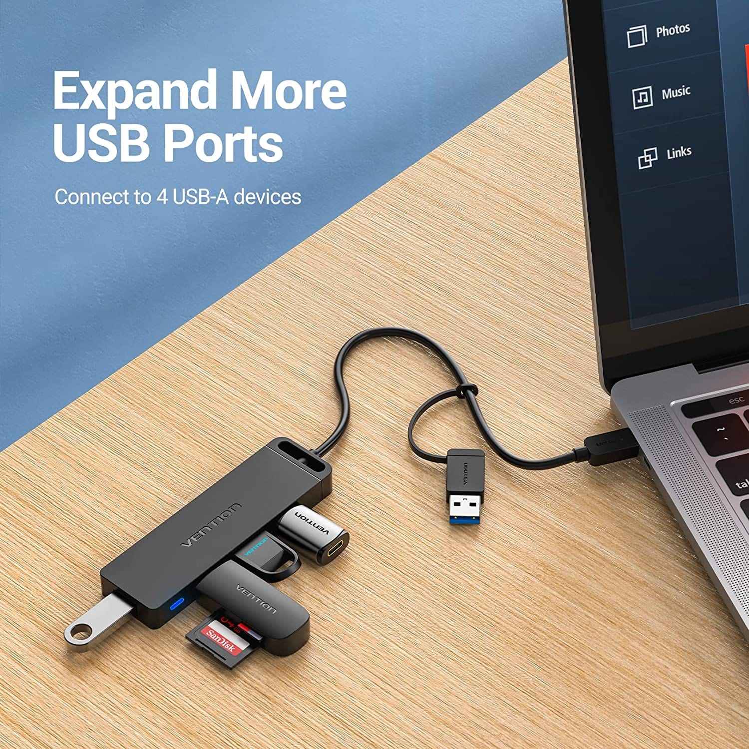 4-Port USB-C Hub, USB-C to 4x USB-A Ports, USB 3.0, Black