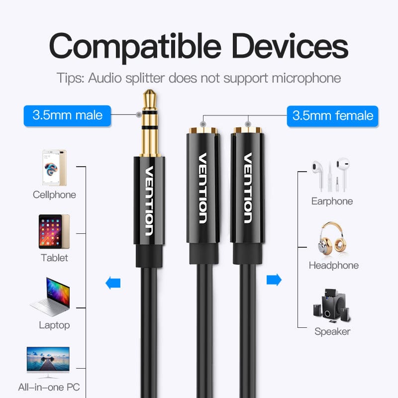 VENTION 0.3m 3.5mm Male to 2*3.5mm Female Stereo Splitter Cable