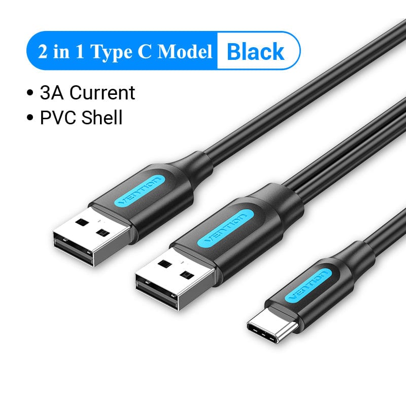 VENTION 2 in 1 Type C Black / 0.5m Type C Dual USB with Power Supply 3A Fast Charging Data Cable for Samsung Note 3 S5 Hard Disk Xiaomi Micro USB 3.0 Cable