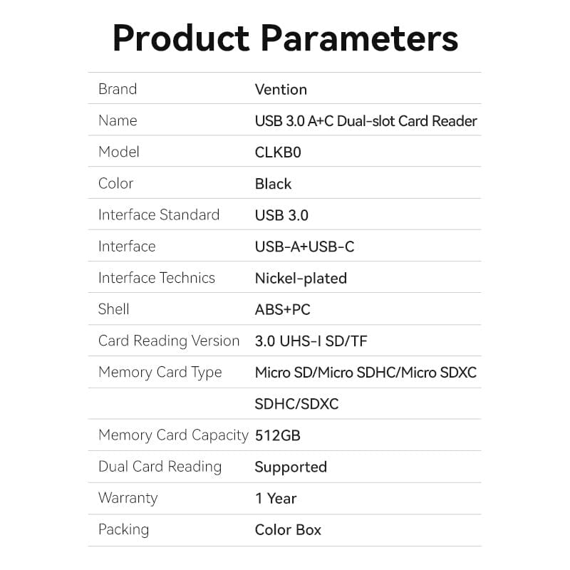 VENTION 2-in-1 USB 3.0 A+C Card Reader(SD+TF) Black Dual Drive Letter